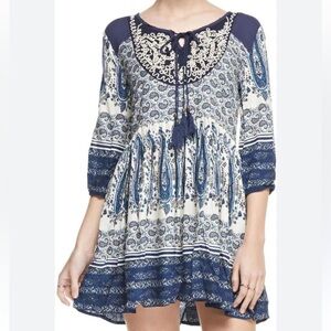 California Moon Rise Blue and White Boho Paisley Patterned Mini Dress